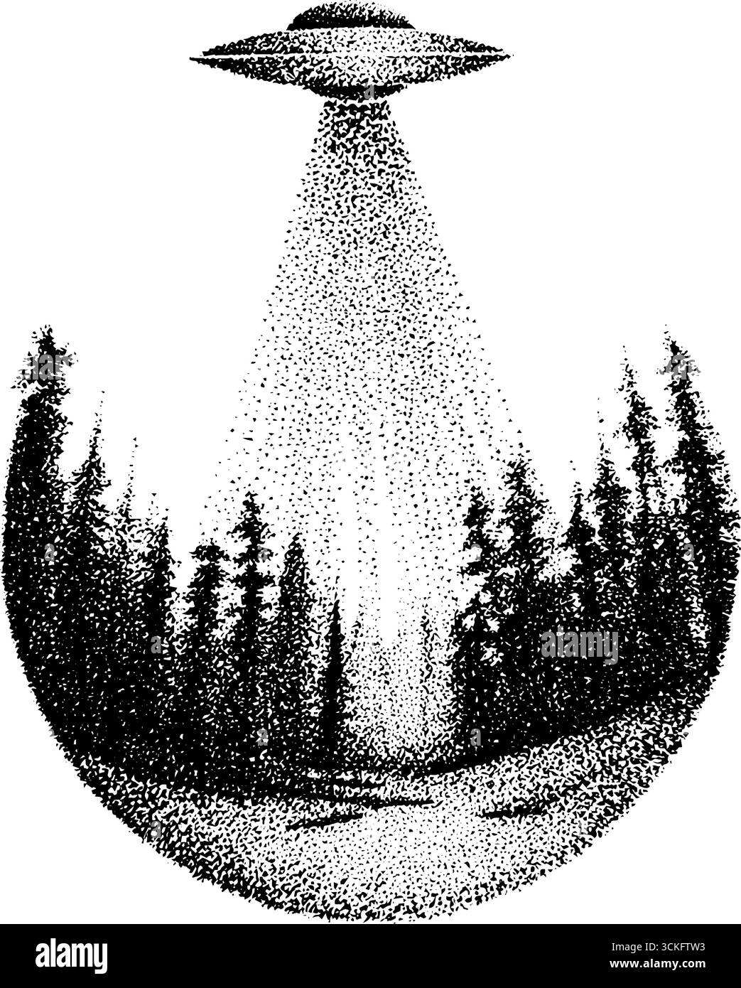 Mysterious ufo above forest in dotwork stipple technique - vertical ...