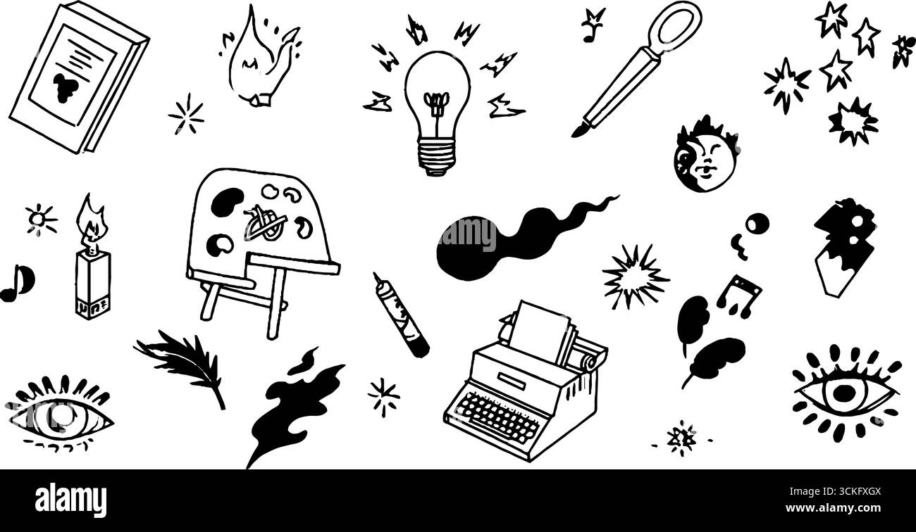 Creative hand drawn art tools and symbols collection for design ...