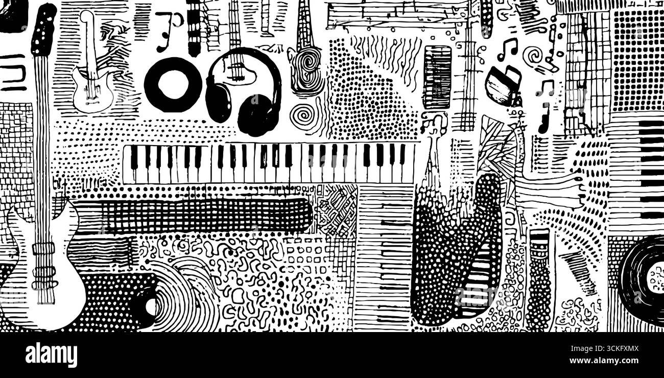 Musical Notes Instruments Patterns Hand drawn decorative pattern of musical instruments and notes Stock ...