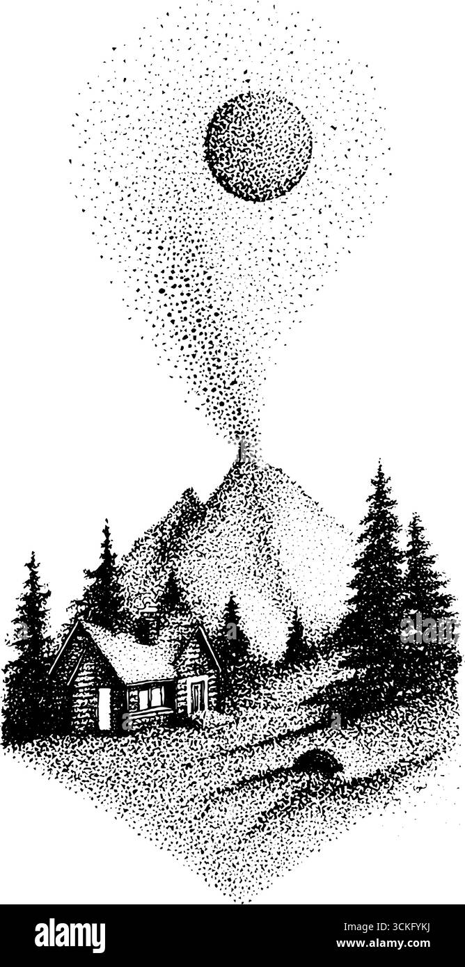 Stipple art of cottage landscape with mountain and sun - vintage ...
