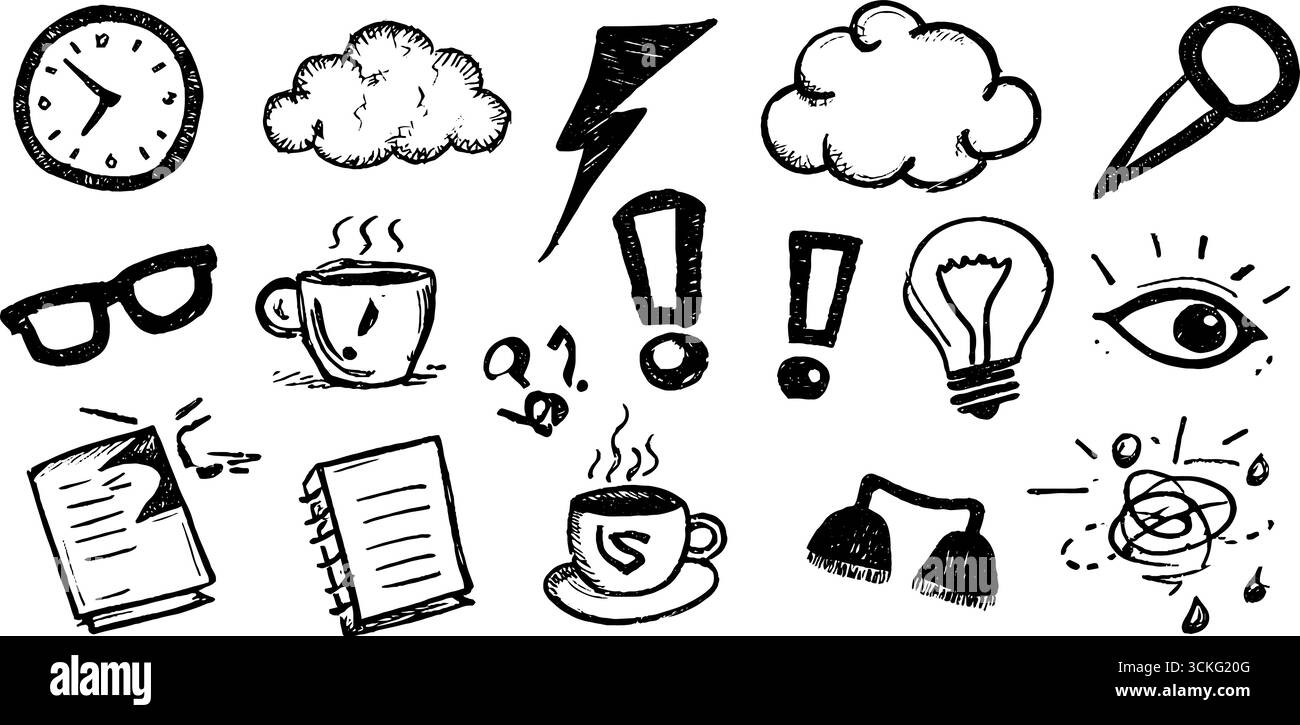 Decorative hand drawn messy scribble cloud and icon set for creative ...