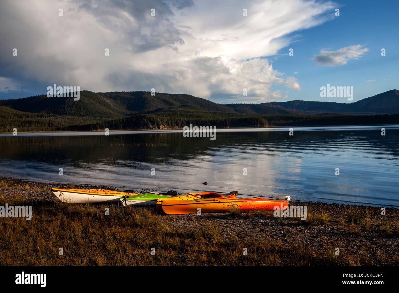 A group of kayaks sit along the shoreline as a thunderstorm forms overhead at East Lake in the Newberry National Volcanic Monument south of Bend, Oreg Stock Photo