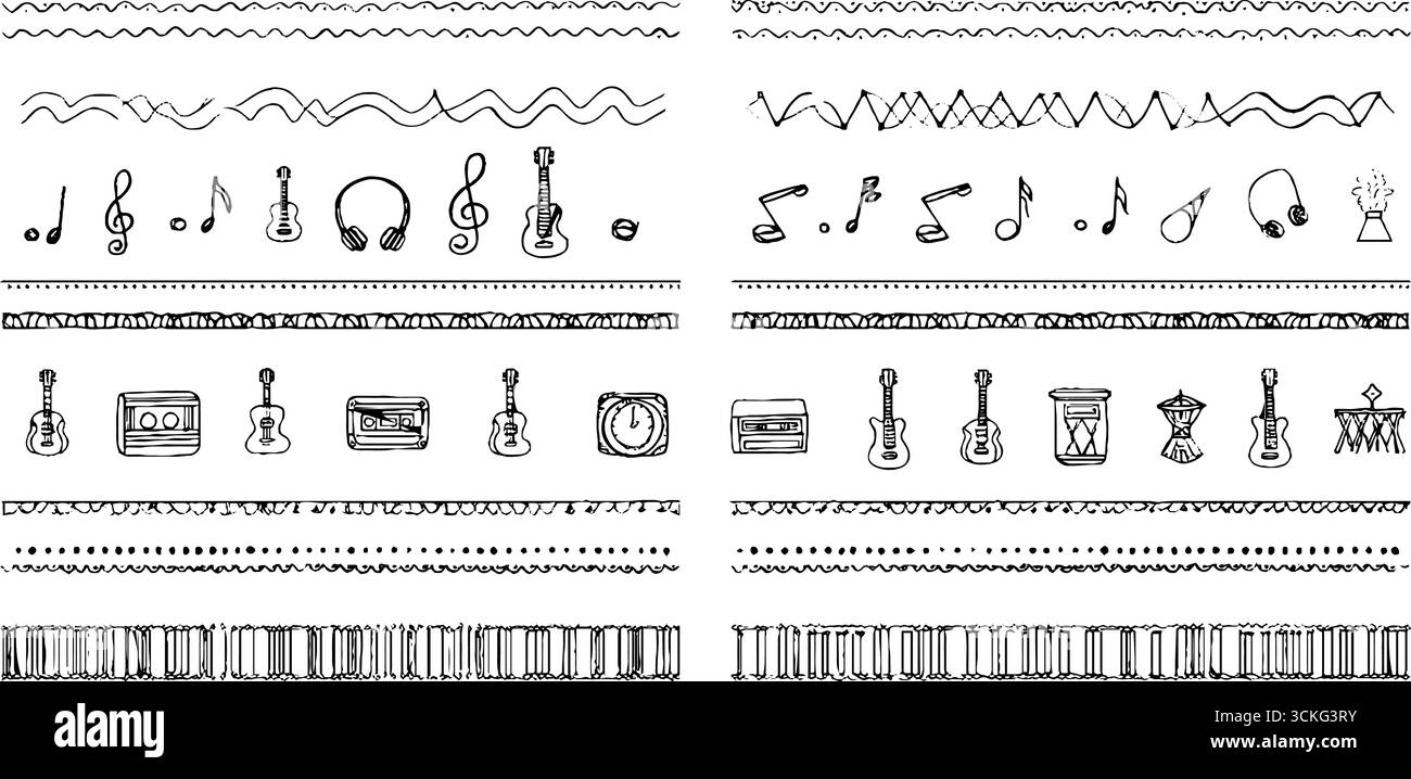 Creative collection of hand drawn musical notes and instruments borders ...