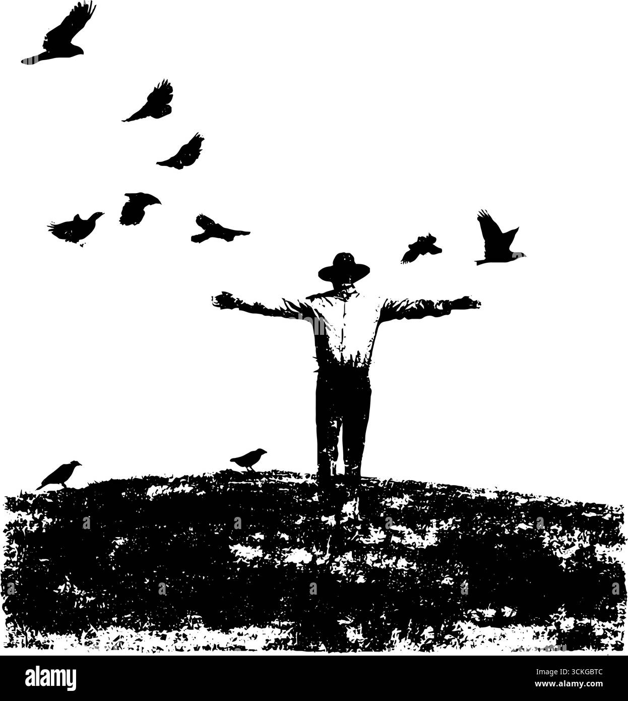 Grunge black and white silhouette of man in field with birds in flight. Stock Vector