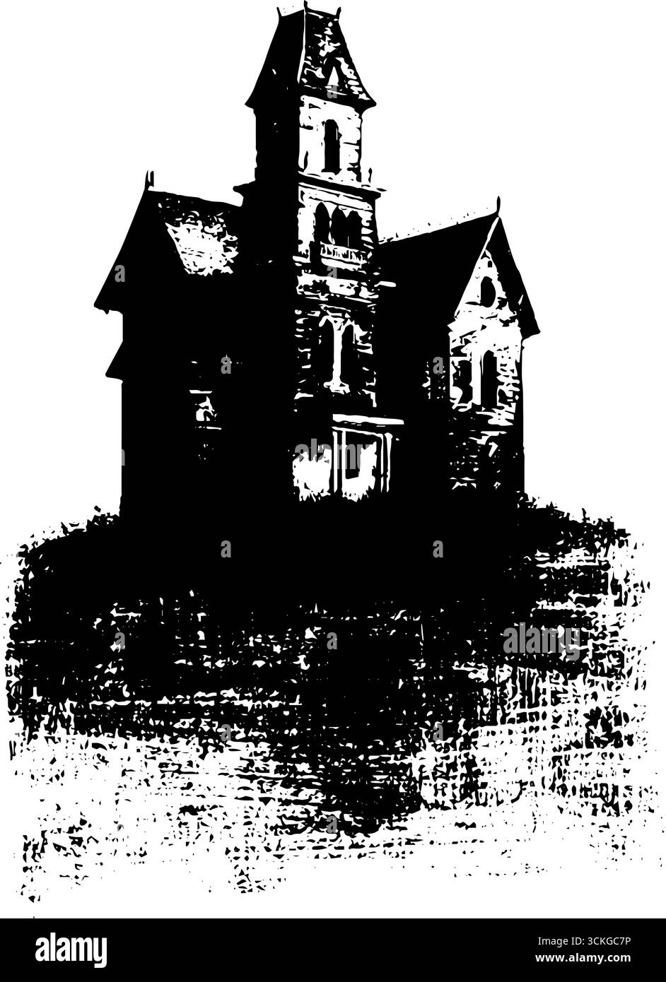 Eerie black and white grunge illustration of haunted house for ...
