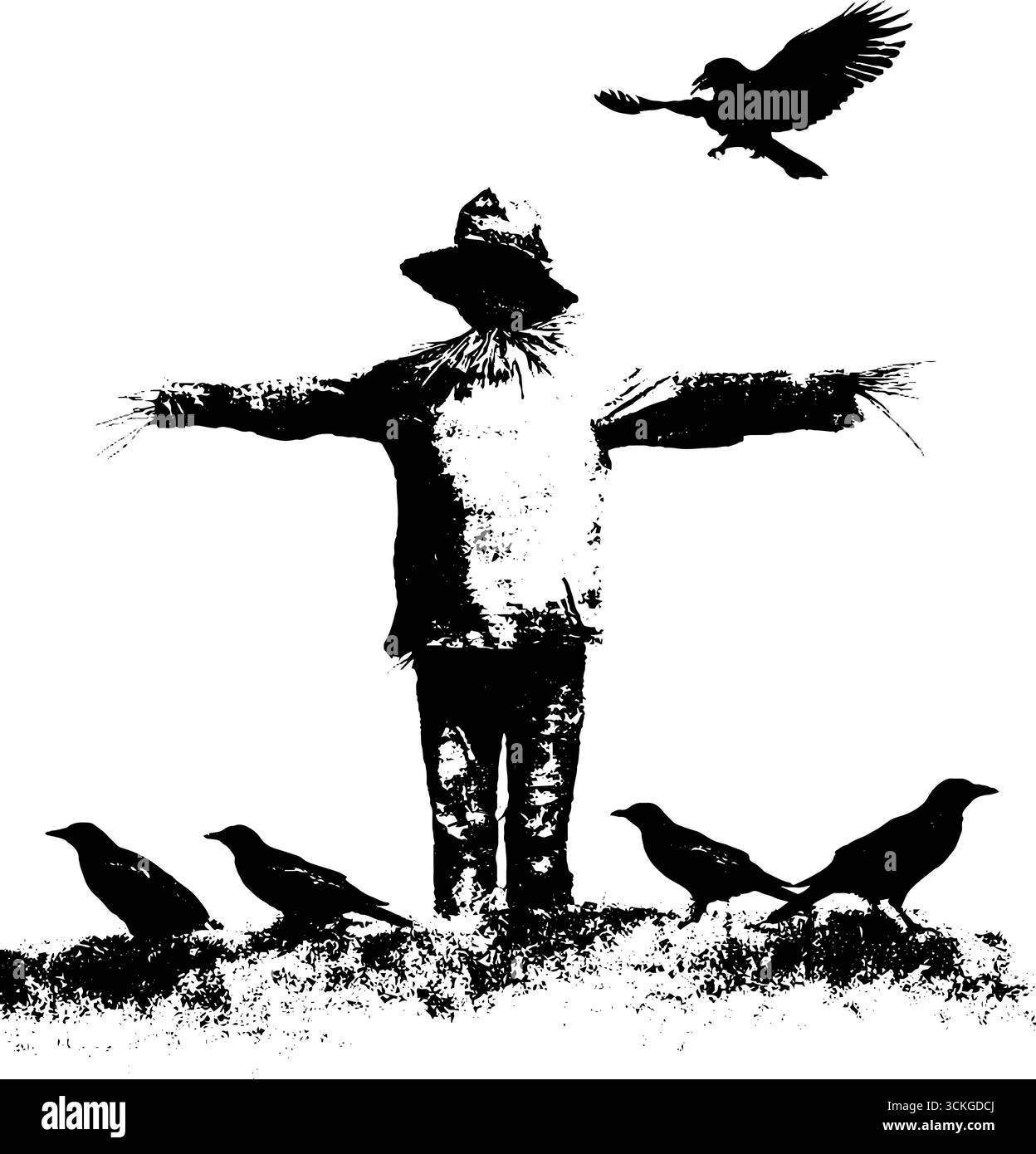 Grunge black and white scarecrow in field with birds, suitable for urban poster or vintage design. Stock Vector