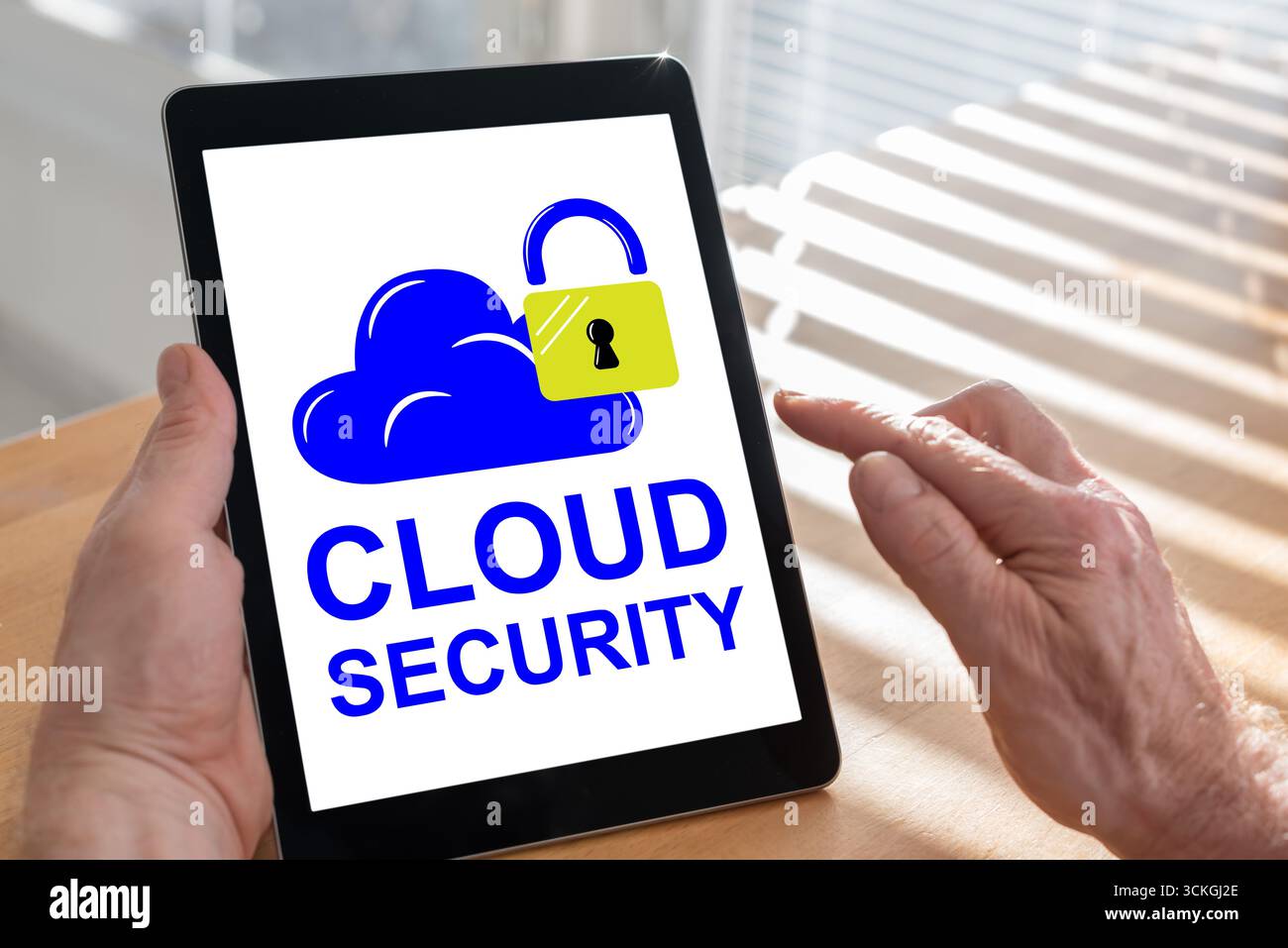 Tablet screen displaying a cloud security concept Stock Photo