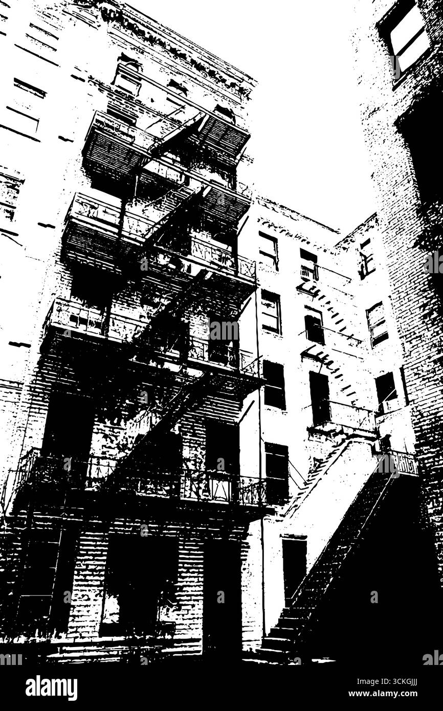 Urban fire escape scene in grunge black and white design for posters or ...