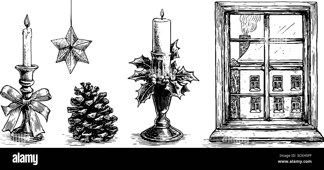 Vintage christmas eve window scene with candles and holiday decorations ...