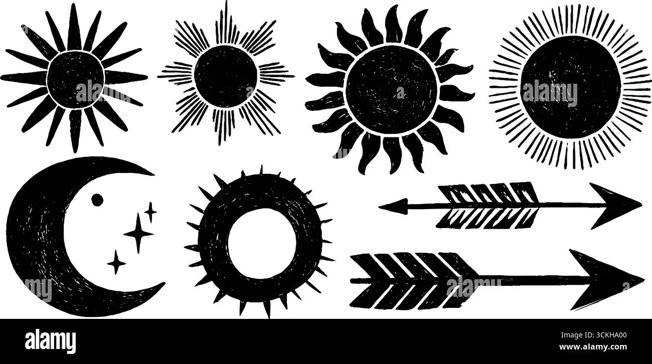 Celestial linocut icons set featuring sun moon star designs for ...