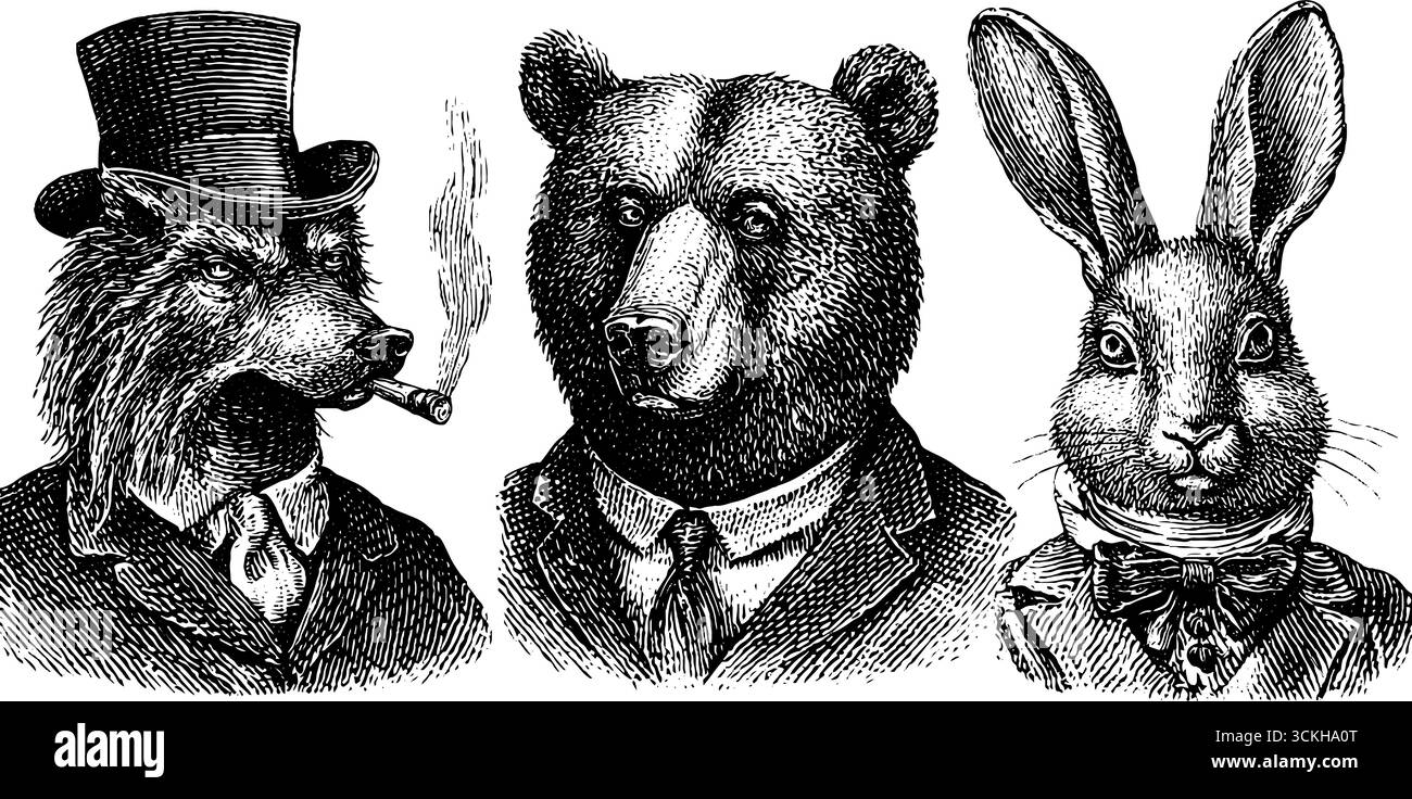 Vintage engraving of anthropomorphic wolf bear rabbit in formal attire ...