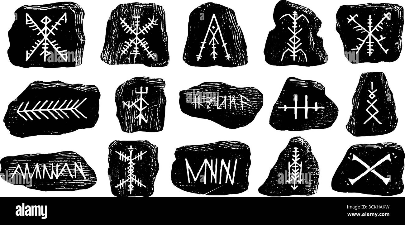 Ancient nordic linocut runestones set featuring fehu runes for mystic ...