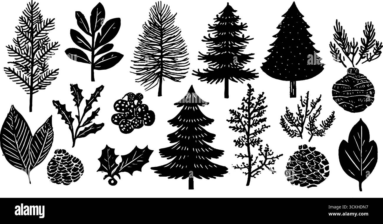 Linocut winter forest collection: pine, fir, and spruce tree silhouettes for seasonal design. Stock Vector