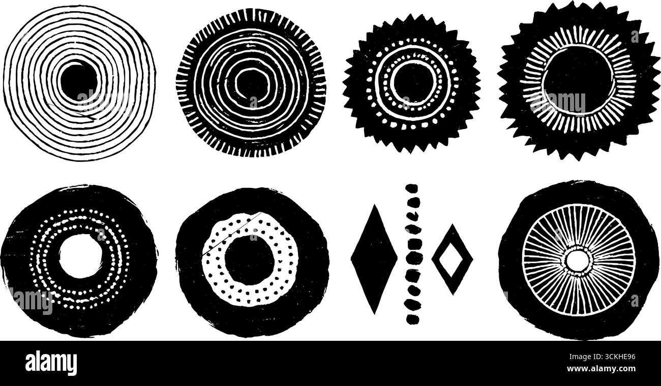 Protective linocut icon collection with circles and spirals for design ...