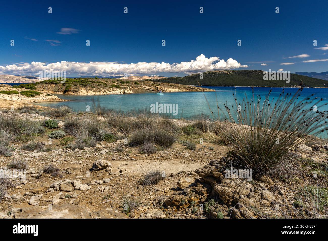 Beach Ciganka FKK naturist on the island of Rab in Croatia, wild nature, rocky shore, calm Adriatic Sea Stock Photo