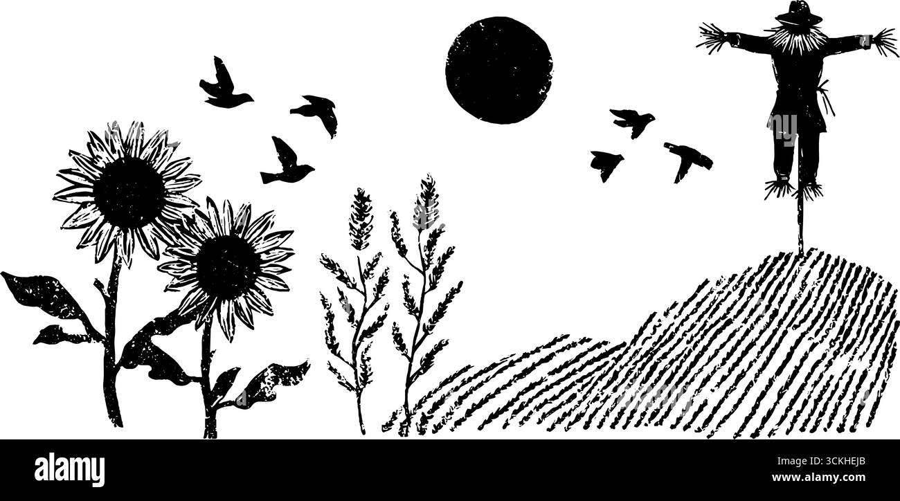 Rustic linocut composition with scarecrow and wheat field scene for vintage design. Stock Vector