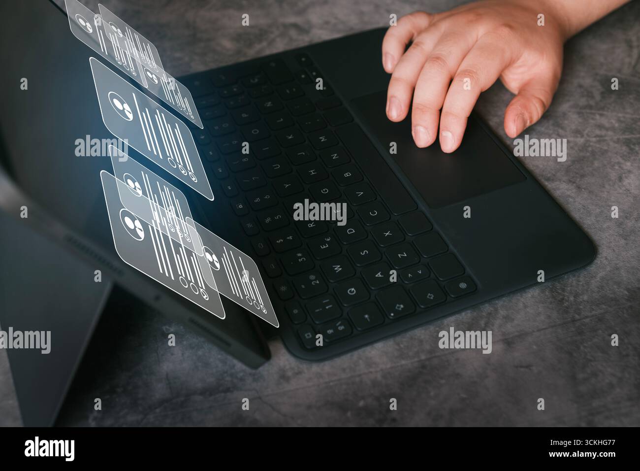 Woman use tablet with virtual interface for human resources management recruitment employment headhunting concept. Selecting job applicants. Stock Photo