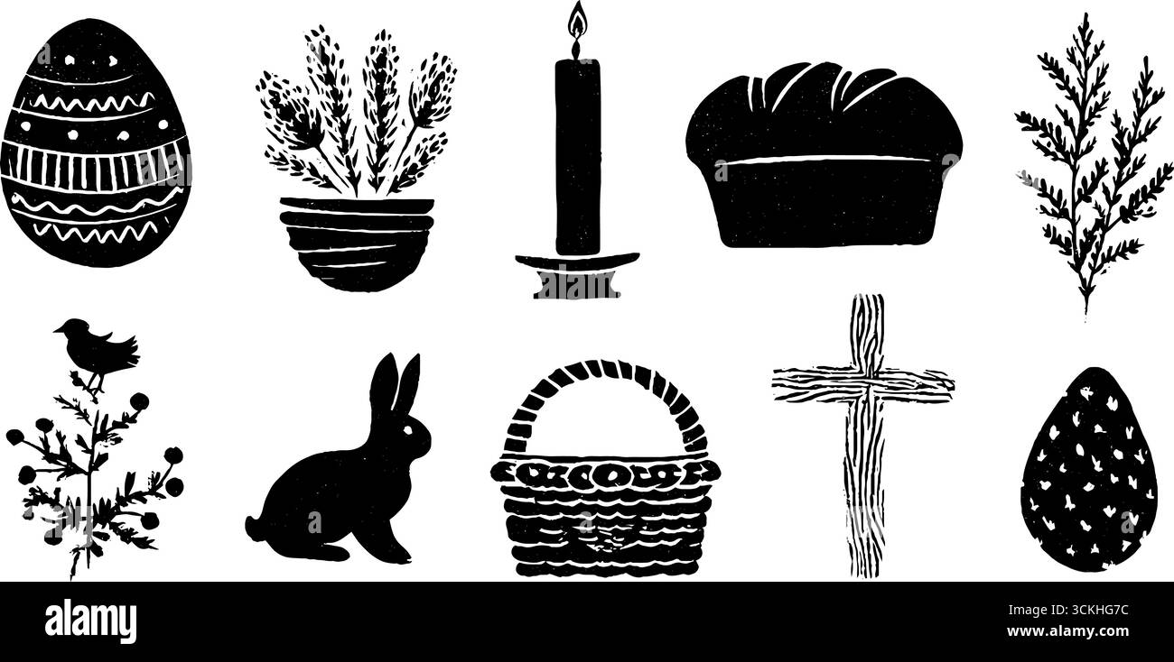 Easter symbols collection in linocut style featuring eggs, candle, and basket for holiday decor. Stock Vector