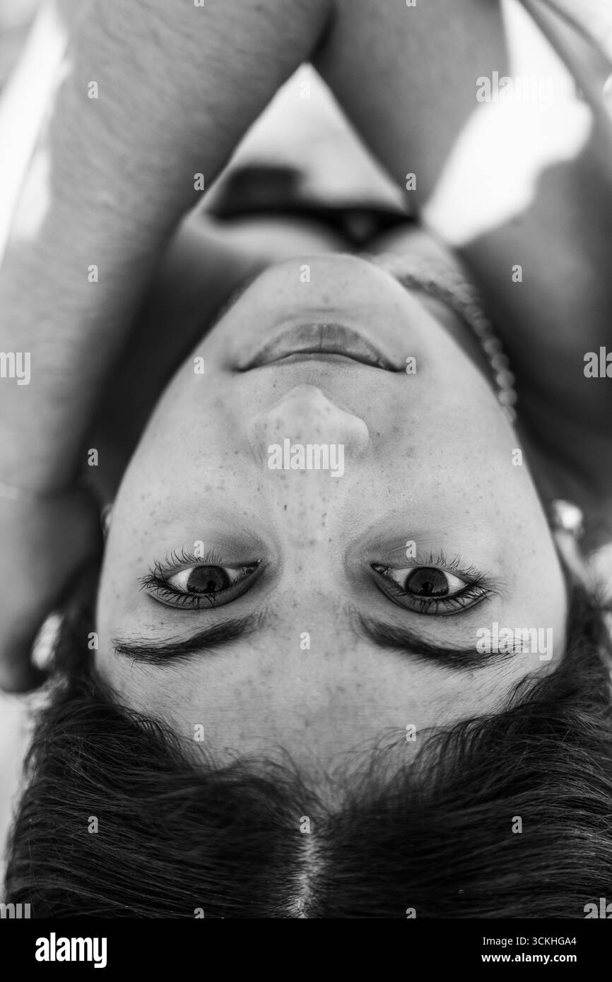 Close up young woman lying down Black and White Stock Photos & Images ...
