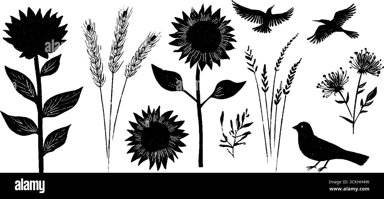 Linocut botanical pattern featuring wheat stalks and birds for rustic design. Stock Vector