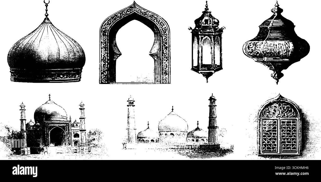 Islamic ornament design elements collection with engraved architectural ...