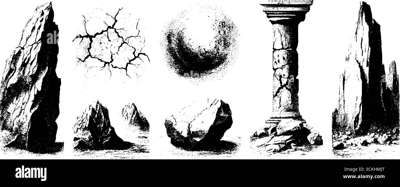 Vintage engraving design elements collection of rocks and cracked earth ...