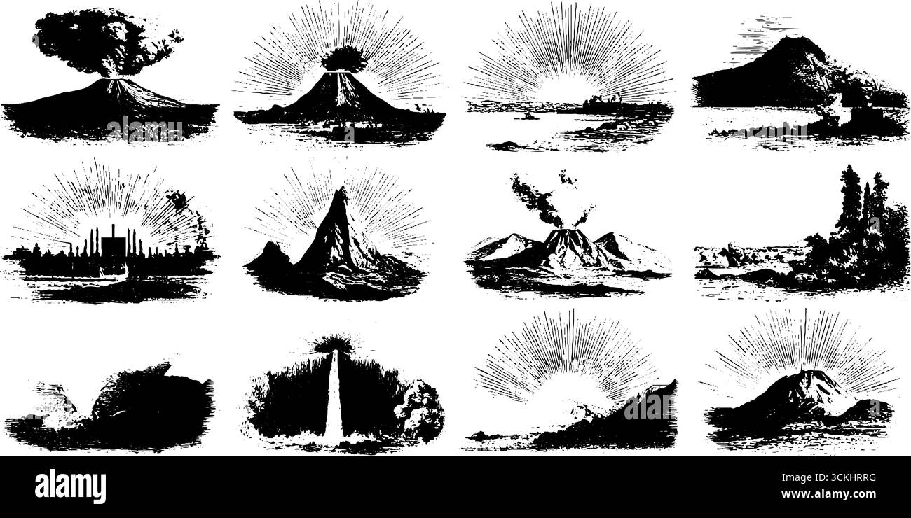 Vintage volcano eruption engraving collection for artistic design Stock ...