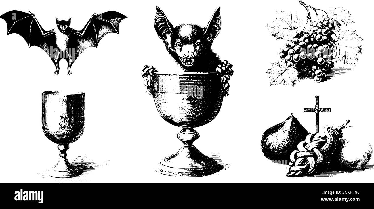 Gothic vampire symbols collection with bat, chalice, and crucifix ...