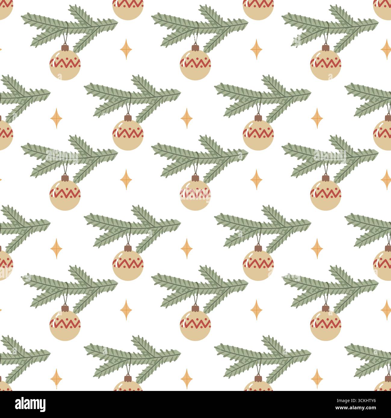 Seamless Christmas Pattern with Pine Branches and Hanging Ornaments Stock Vector