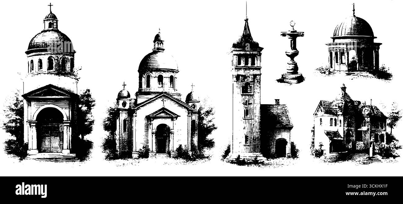 Traditional orthodox village church engraving design elements for ...