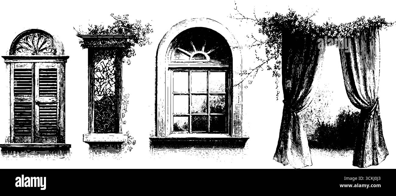 Vintage window design elements collection: engraving sketch for retro ...