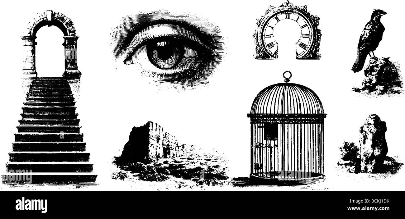 Surrealist imagery design elements collection: engraved eye, arch ... - Striping Design Elements In Bird Cages Textiles