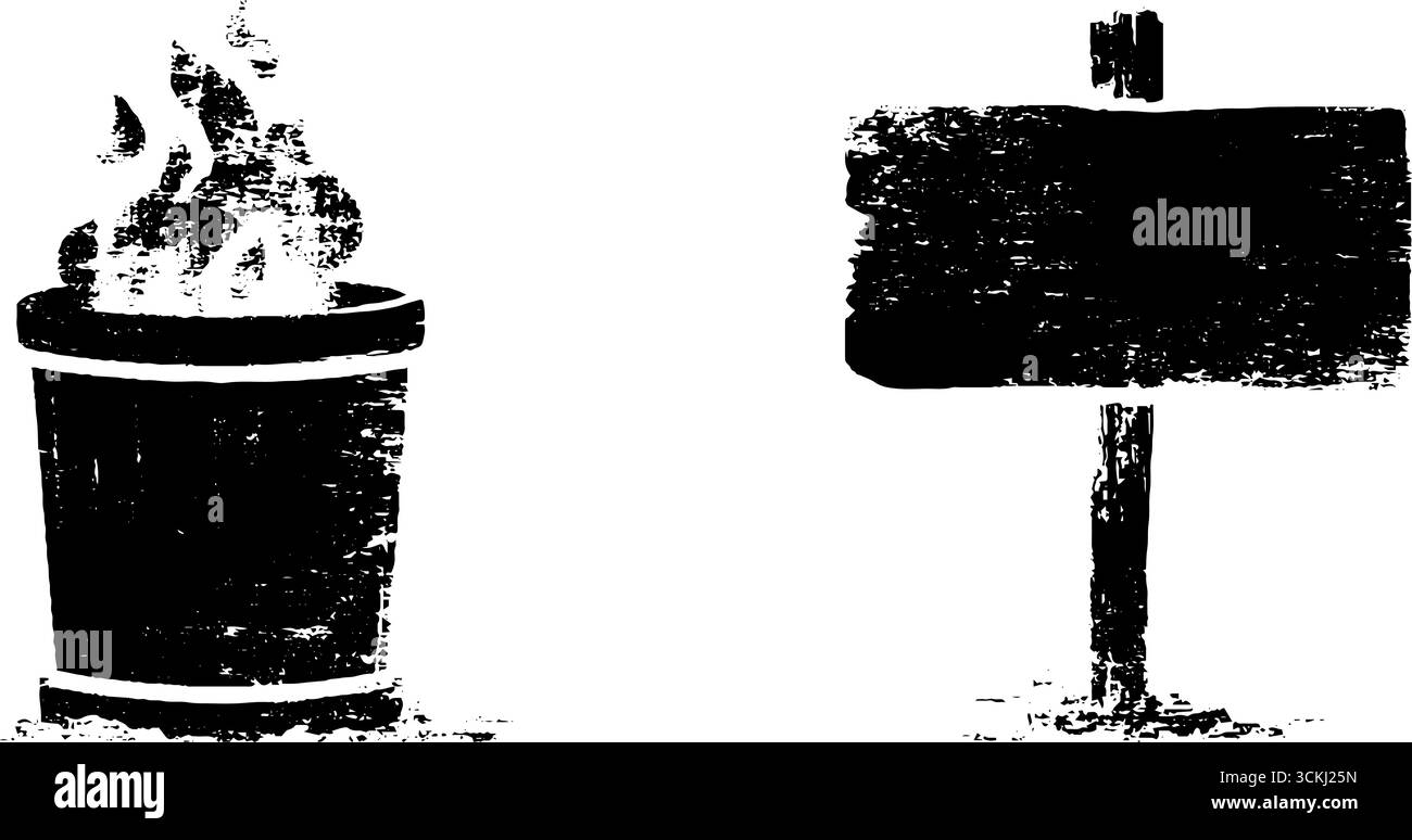 Vintage black and white stencil set: burning trash can and blank sign ...