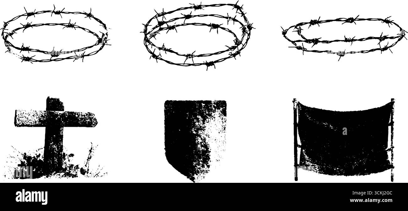 Black and white stencil collection featuring barbed wire, cross, and ...