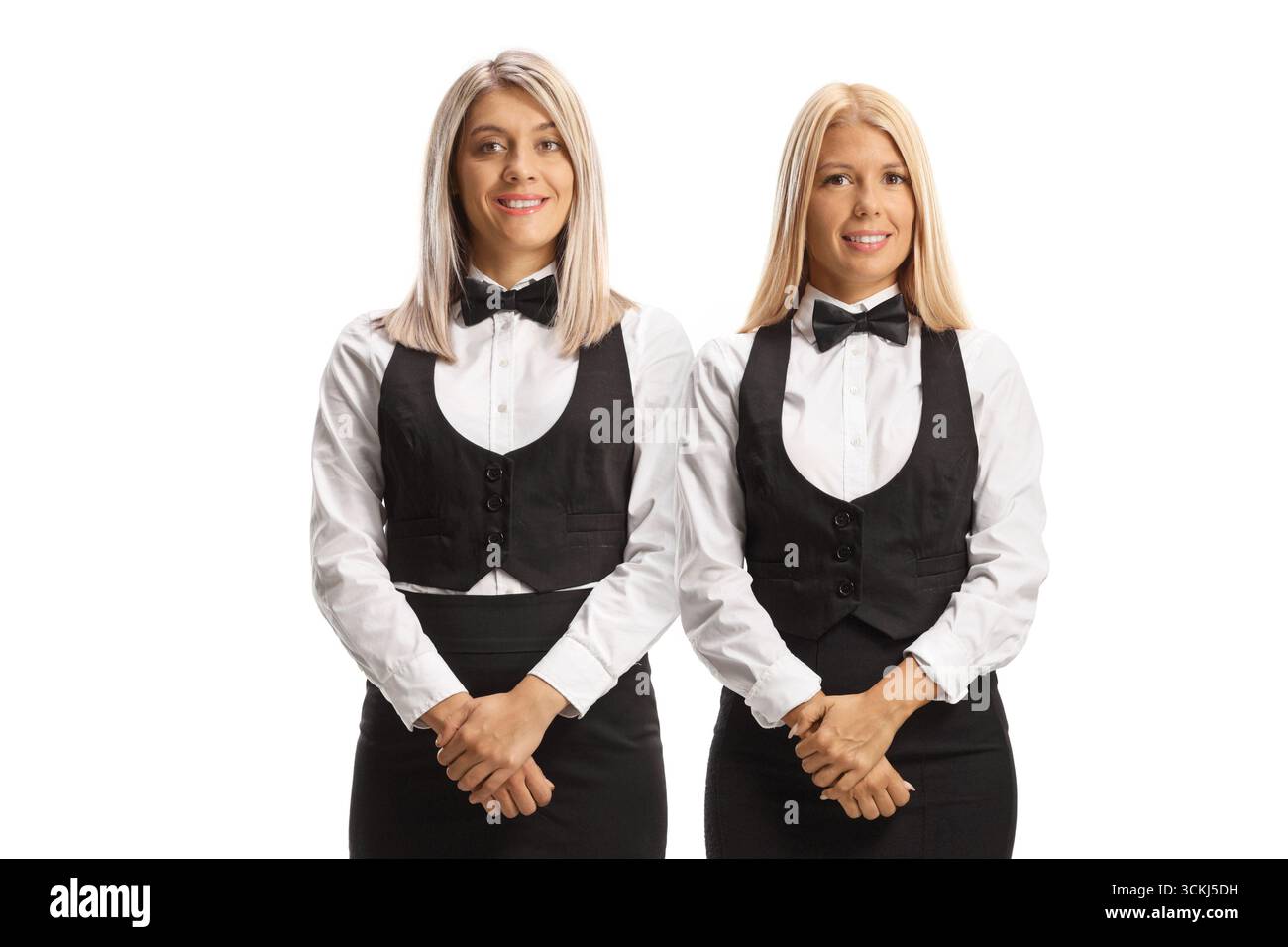 Waitress Reproached Female waitresses in uniforms posing isolated on white background Stock ...