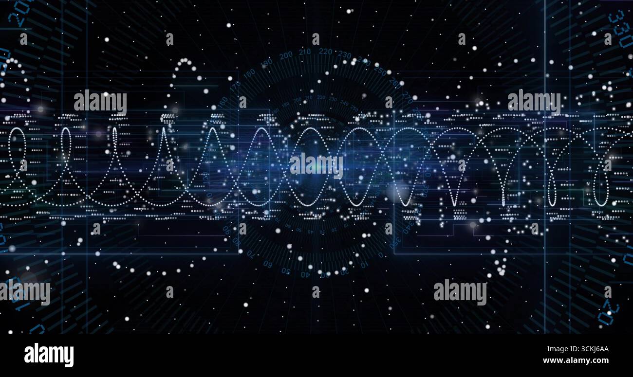 Displaying dotted waveform intersecting circular HUD on grid lines, with axis labels, data points Stock Photo