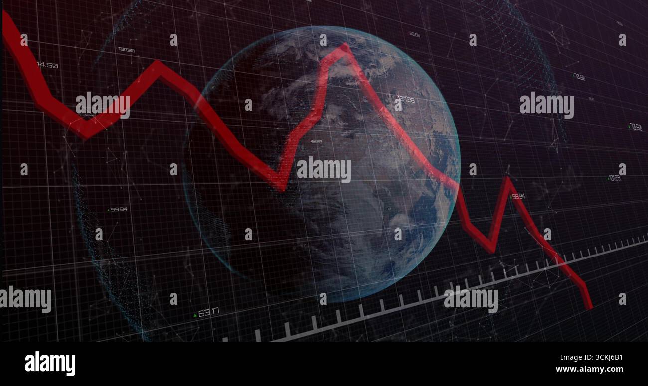 Displaying earth globe hovering at grid center with declining red line graph and numeric labels Stock Photo