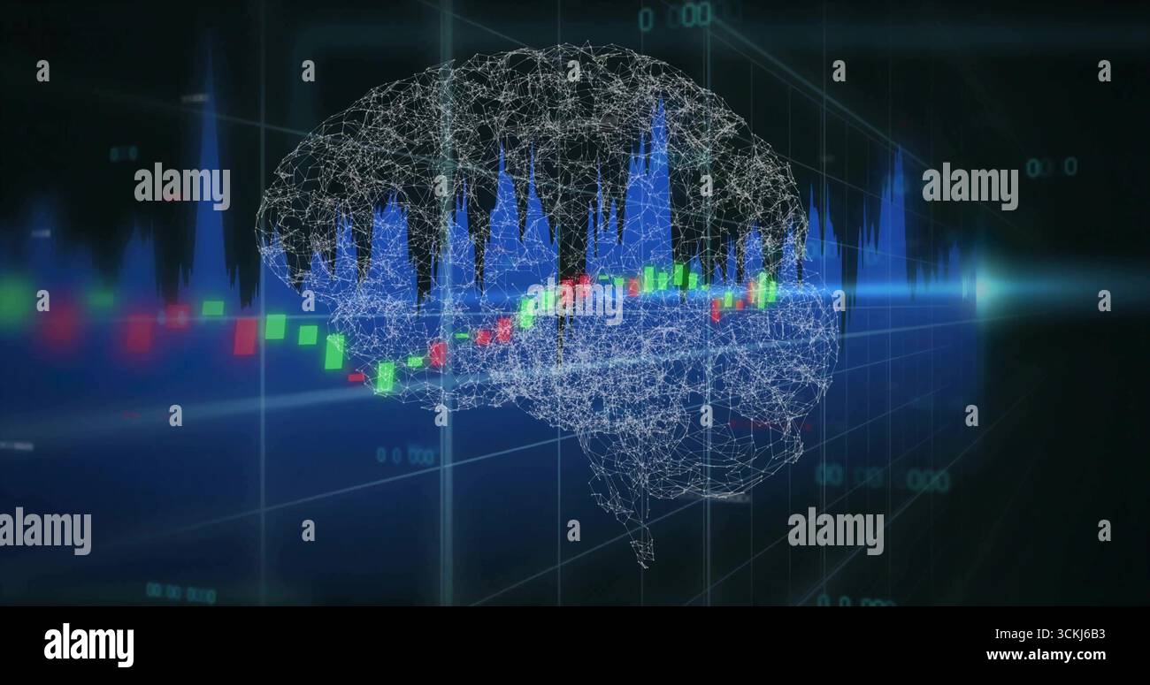 Floating wireframe brain mesh showing multicolor candlesticks and blue histogram in 3D data grid Stock Photo