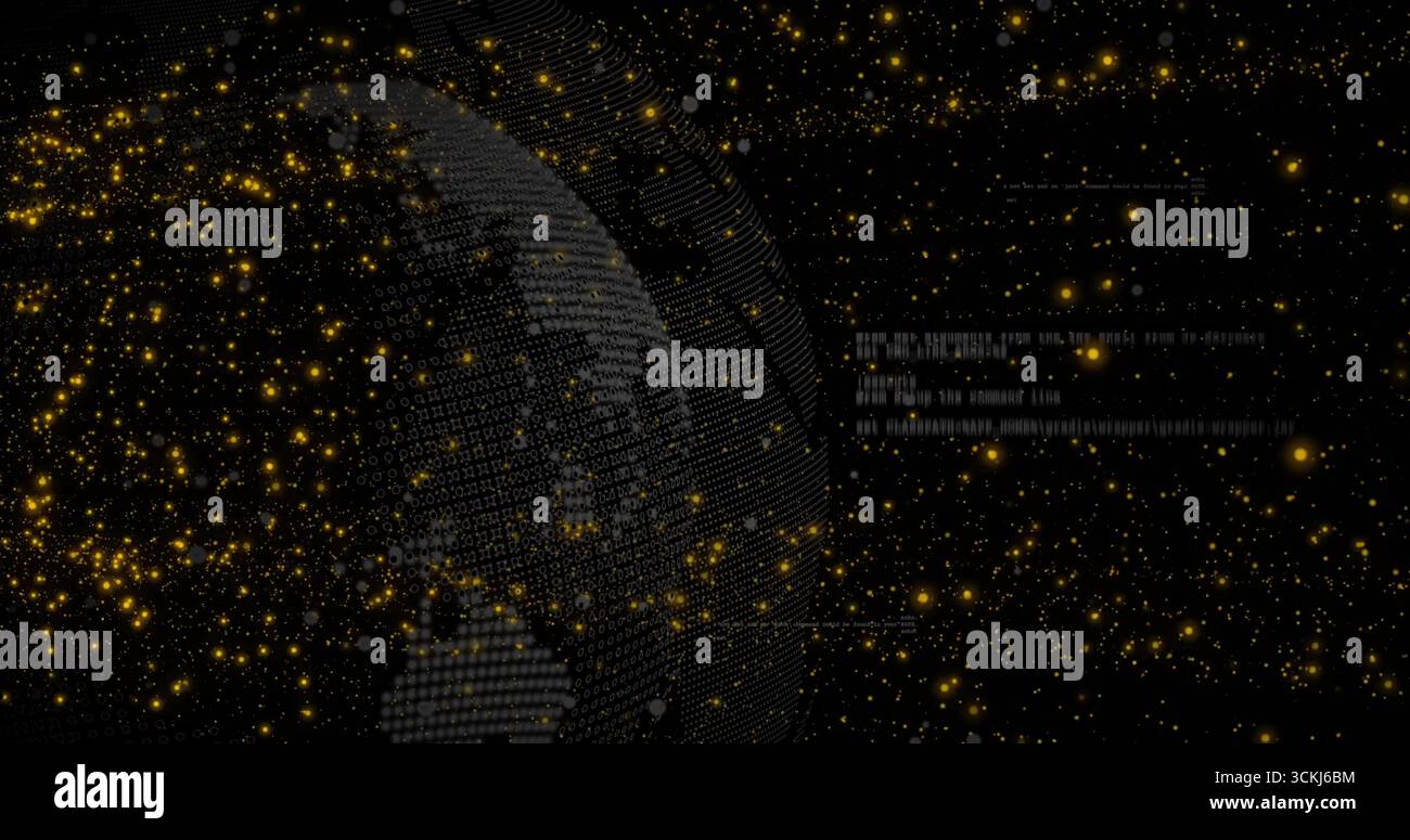 Displaying 3D binary globe rotating in data space, with golden sparks and code streams, copy space Stock Photo