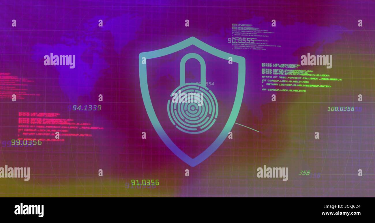 Displaying shield icon merging padlock and fingerprint over grid, with neon code and purple map Stock Photo