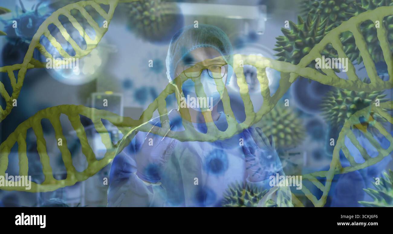 Chinese researcher wearing hazmat suit analyzing samples in biosafety lab, with DNA virus overlays Stock Photo