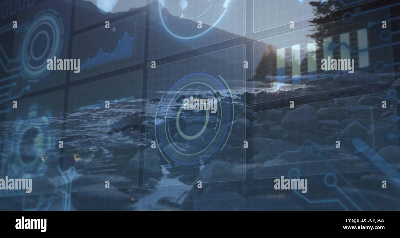 Displaying translucent interface overlay over rocky shoreline at sunset ...