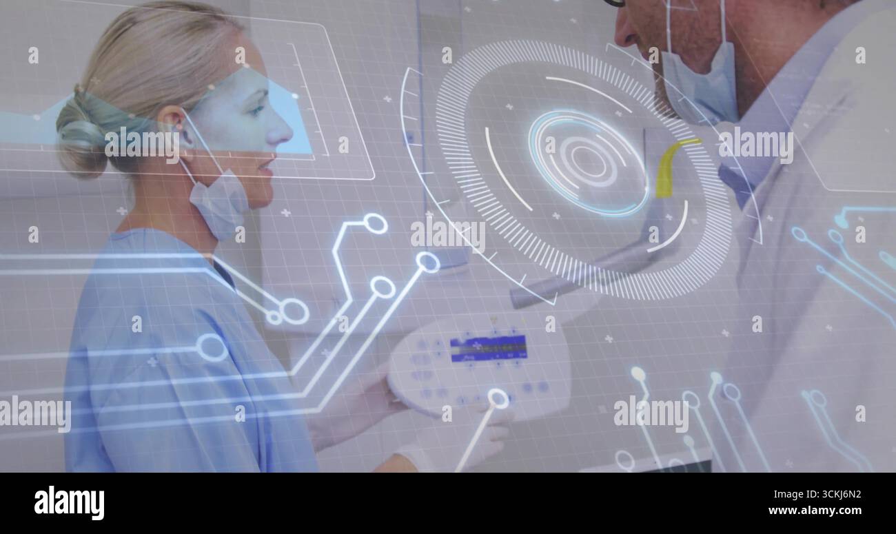 Doctor Controls Female in scrubs holding control panel, lab-coat doctor viewing ...