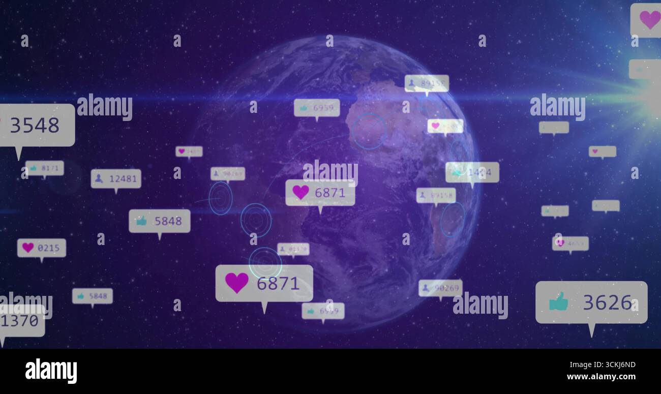 Displaying Earth globe in outer space, showing social media notification bubbles, interface rings Stock Photo