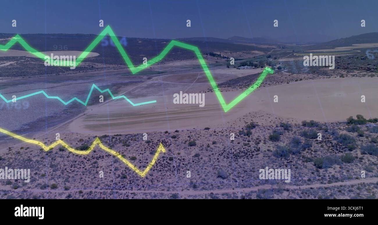 Projecting Line Graph Projecting green, yellow, teal line graphs over arid desert plain ...