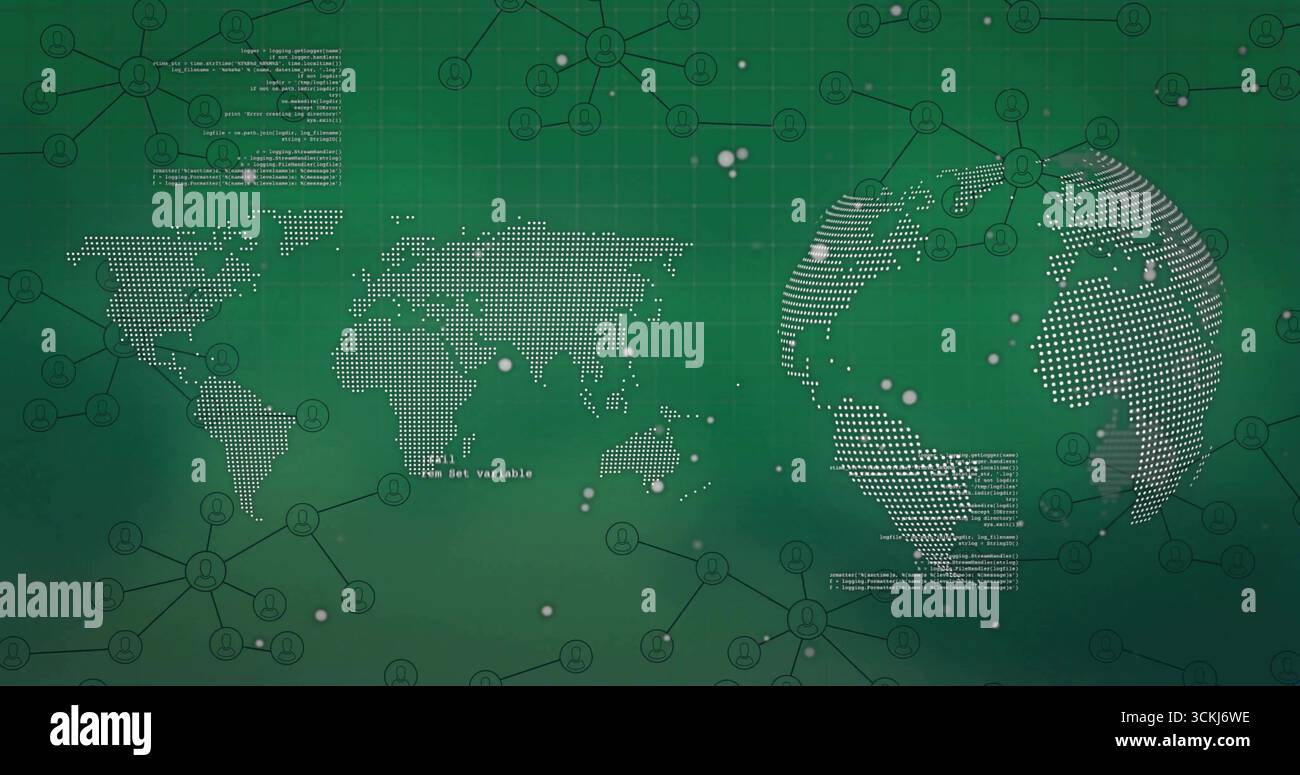 Displaying dotted world map and 3D globe on grid interface, with network nodes and code particles Stock Photo