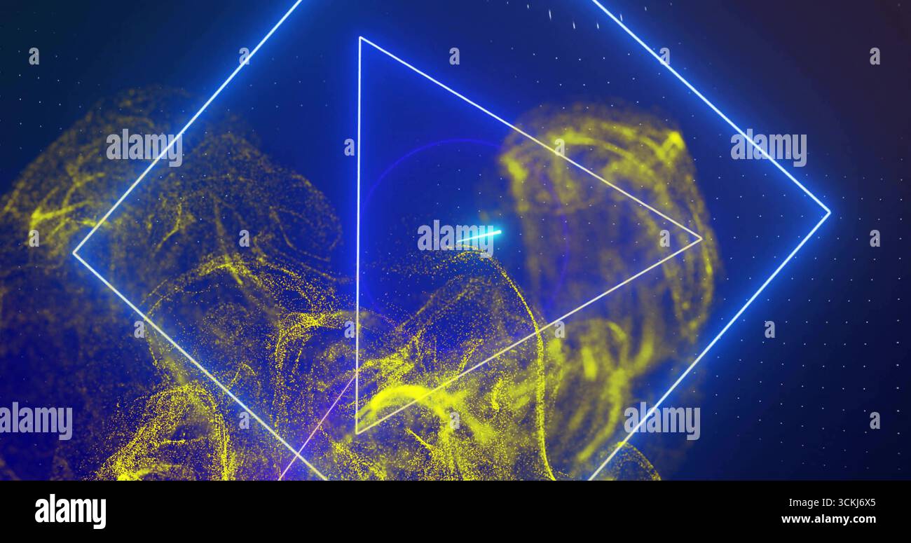 Swirling wireframe triangle intersecting abstract background, with blue triangles and yellow cloud Stock Photo