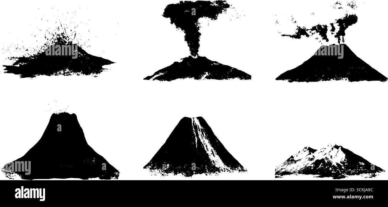 Black and white volcano stencil set for design and art projects Stock ...