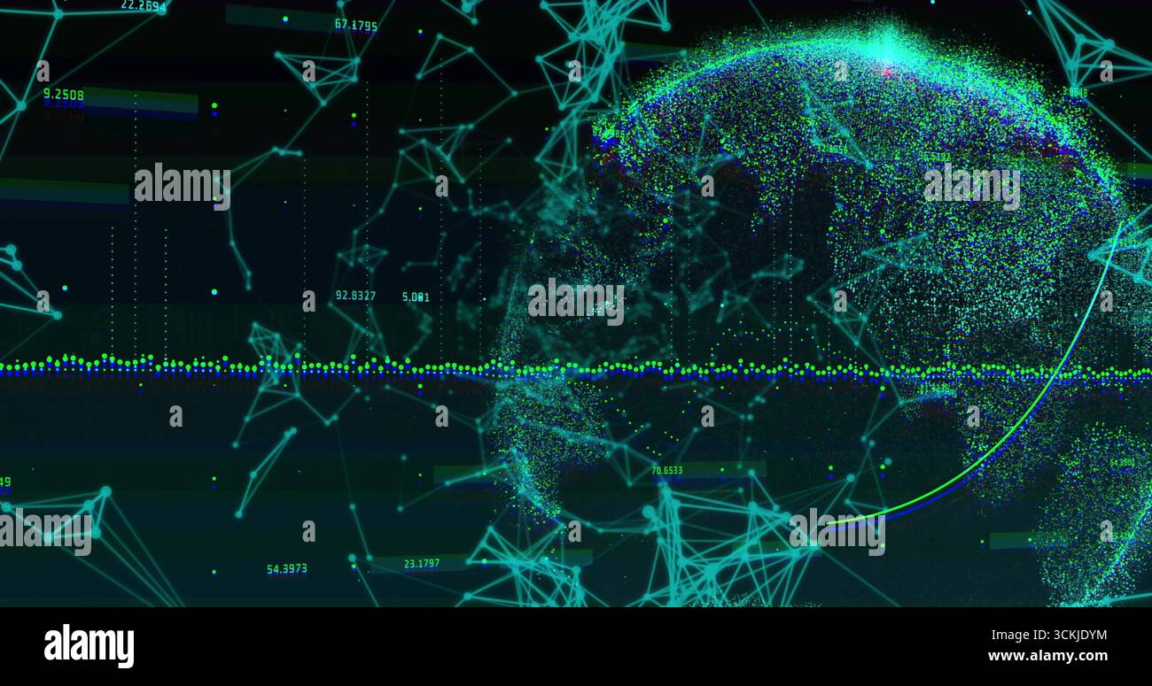 Glowing network globe floating in virtual space, with nodes and horizontal data stream, copy space Stock Photo