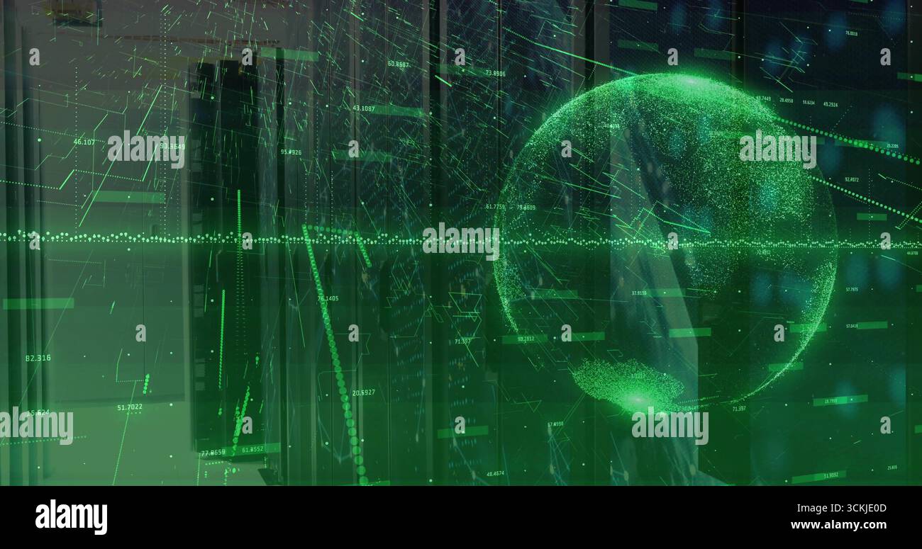 Displaying green globe hologram floating over dark grid interface with numeric readouts, copy space Stock Photo